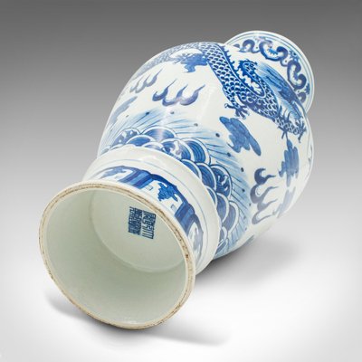 Large Vintage Chinese Ceramic White and Blue Vase, 1940s for sale