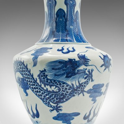 Large Vintage Chinese Ceramic White and Blue Vase, 1940s for sale