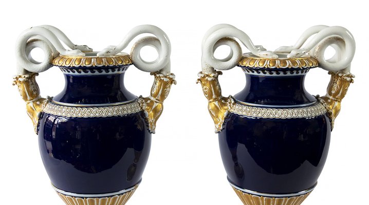 German Cobalt Blue Porcelain Vases by August Leuteritz for Meissen