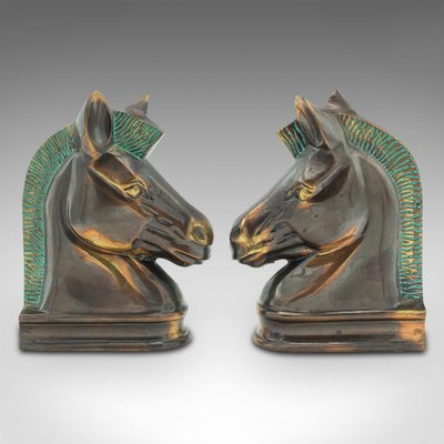 Vintage English Horse Bust Bookends in Cast Brass, 1970s, Set of 2