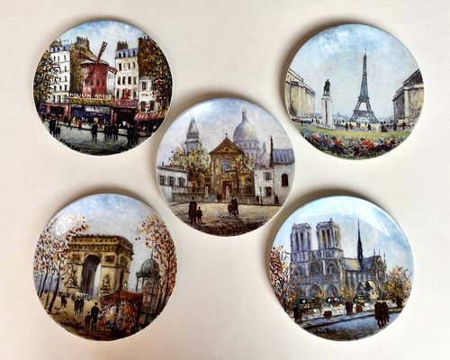 Limoges Porzellan Sammelteller mit Sehenswürdigkeiten von Paris von Louis Dali, Frankreich, 1980er, 5er Set