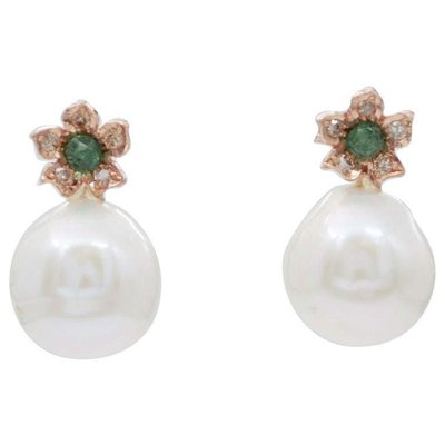 Aretes de rosa, diamantes, esmeraldas y perlas. de venta en Pamono