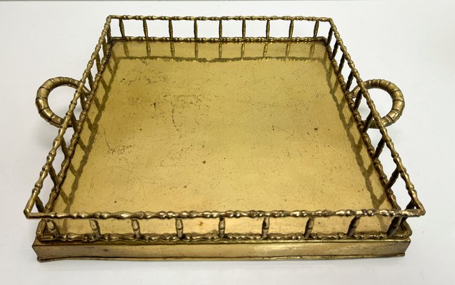 Vintage Chinoiserie Brass Faux Bamboo Serving Tray, 1970s for sale