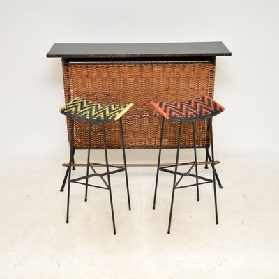 Vintage Woven Rattan Bar & Stools, 1950s, Set of 3 for sale at Pamono