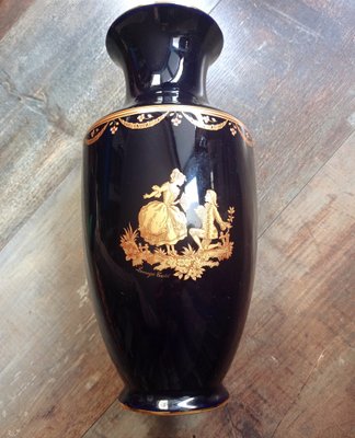 Mid-Century Limoges Blue Cobalt Vase in 22k Gold, France, 1950s