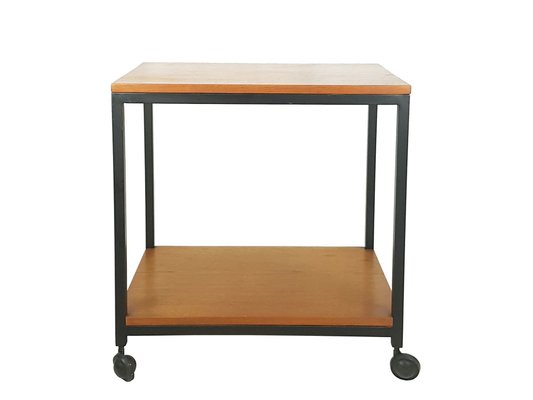Small Mid Century Modern Serving Table in Black Metal and Teak on Wheels 1950s