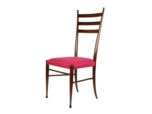 Wooden and Magenta Fabric Dining Chairs by Paolo Buffa 1950s Set