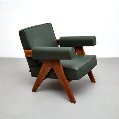 053 Capitol Complex Armchair in Teak and Green Leather by Pierre