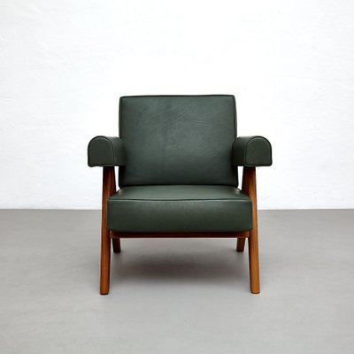 053 Capitol Complex Armchair in Teak and Green Leather by Pierre