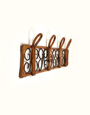 Mid Century Italian Rattan and Bamboo Wall Coat Rack Stand 1960s for sale at Pamono