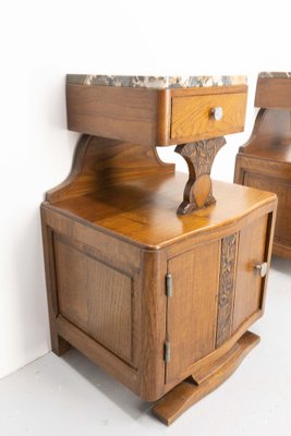 Vintage French Nightstands in Oak with Marble Top, 1960s, Set of 2 