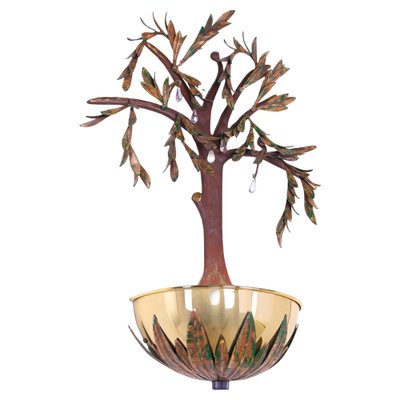 Franzsische Wandlampe aus vergoldetem Metall mit Olivenbaum und  Kristallglas bei Pamono kaufen
