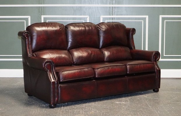 Vintage Thomas Lloyd Marlow Burgundy Leather 3 Seater Sofa 1980s