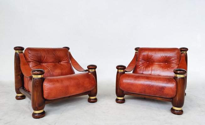 Mid-Century Modern Leather and Wood Sofa, Armchairs and Table