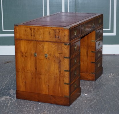 Vintage Military Campaign Desk with Burgundy Leather Top Brass