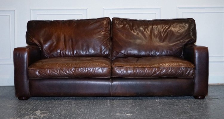 Vintage Brown Leather Sofa 1980s For