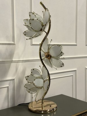 Italian Table Lamp Lotus Flower in Gold Metal Crystal 1970s for