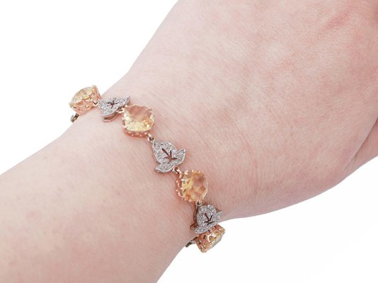Rose Gold and Silver Bracelet with Diamonds and Yellow Topaz 1960s