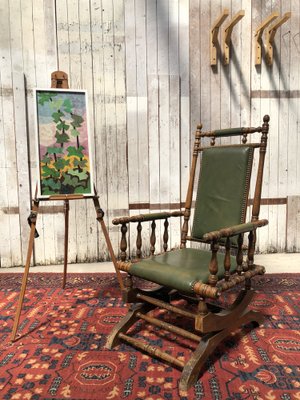 Vintage Leather Rocking Chair in Dark Green for sale at Pamono