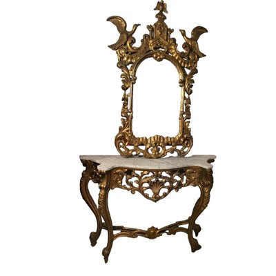 19th Century Console with Marble Lid and Mirror Carved with Gold