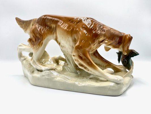 Large Hunting Dog with Duck Figurine in Porcelain from Royal Dux Bohemia 1940s