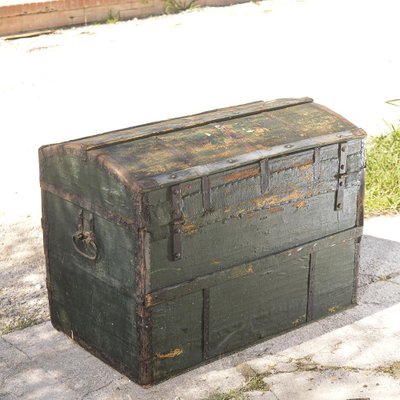 Green Travel Trunk with Italian Fabric Interior, Early 1900s for