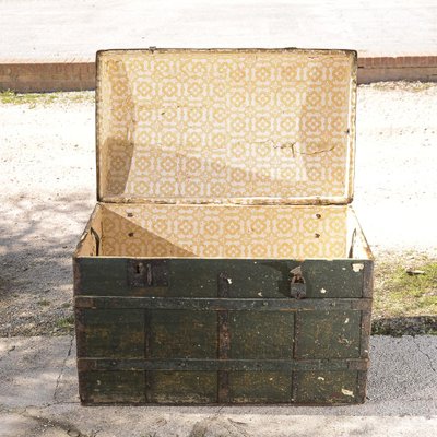Green Travel Trunk with Italian Fabric Interior, Early 1900s for