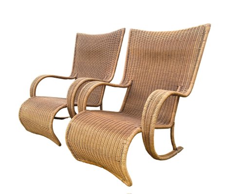 Large Mid Century Rattan and Wicker Garden Lounge Chairs 1970s Set of 2