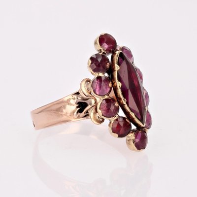 Bague Ancienne Or Rose 18k Grenat Marquise Taille Navette Sertis Clos - Circa 1880, Taille 53