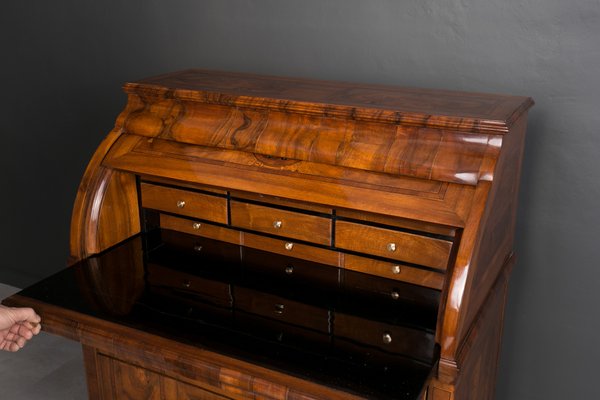 19th Century Biedermeier Secretary Desk with Roll Top and Walnut Marquetry Germany