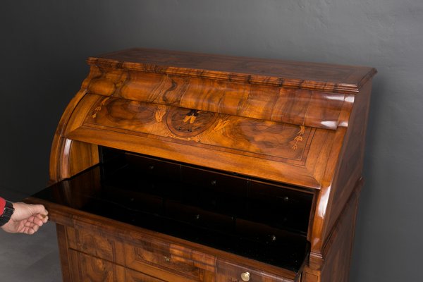 19th Century Biedermeier Secretary Desk with Roll Top and Walnut Marquetry Germany