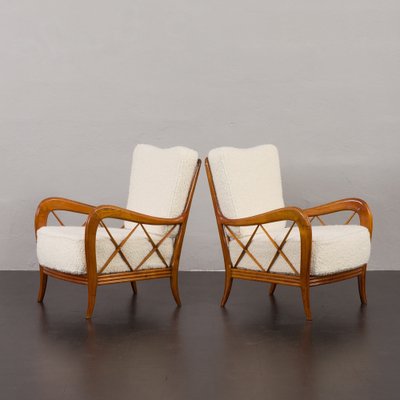 Lounge Chairs in Natural Boucle Fabric and Cherry by Paolo Buffa