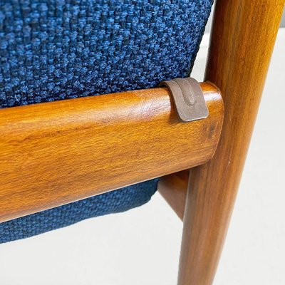 Small Mid Century Beech and Blue Fabric Armchair North European