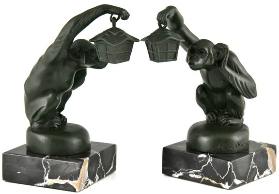 Art Deco Bookends Monkey with Lantern by Max Le Verrier