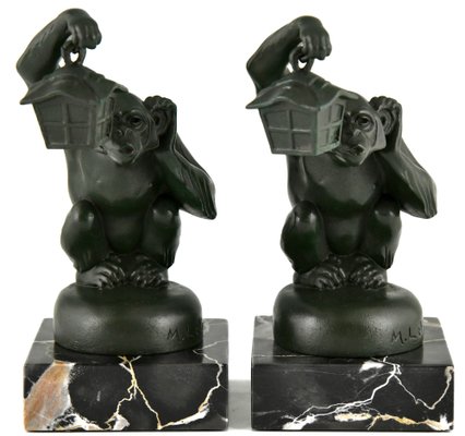 Art Deco Bookends Monkey with Lantern by Max Le Verrier