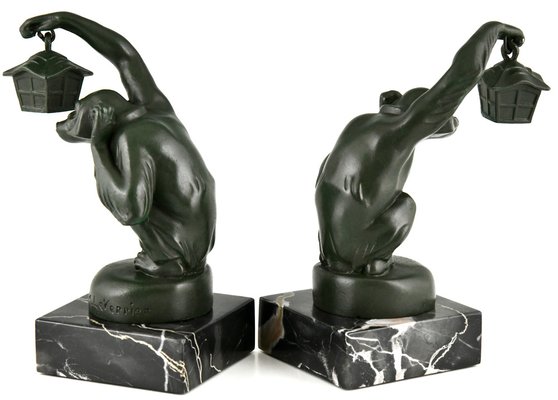 Art Deco Bookends Monkey with Lantern by Max Le Verrier