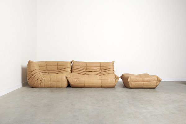 Camel leather Togo Sofa by Michel Ducaroy for Ligne Roset, Set of