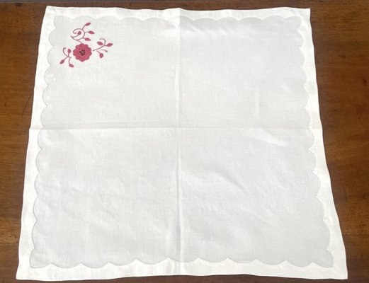 Antique French Tablecloth and Napkins in White Linen, 1900, Set of