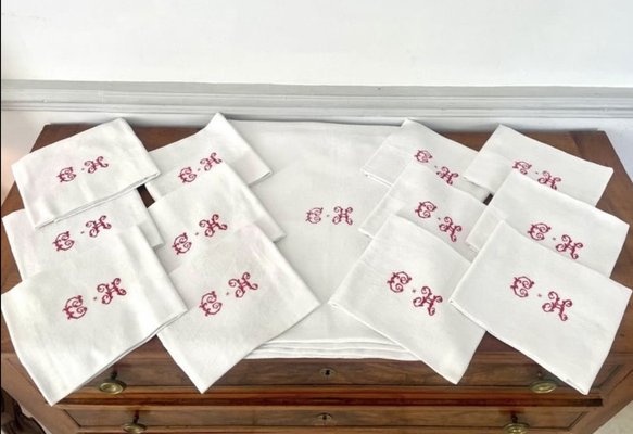 Lot De 12 Serviettes + Nappe Monogrammées - Blanc - Coton 100% - Vintage