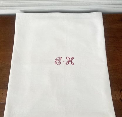 Antique French Monogrammed Embroidered Tablecloth and