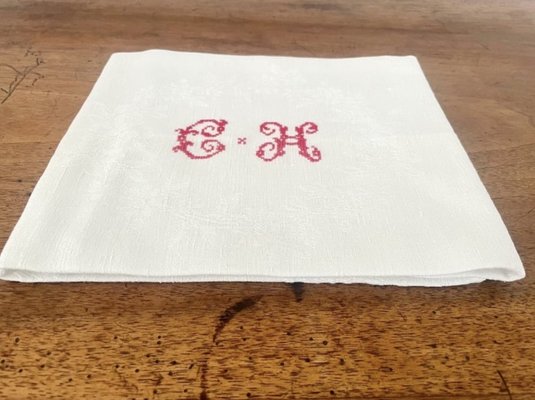 Antique French Monogrammed Embroidered Tablecloth and