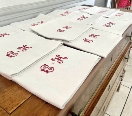 Antique French Monogrammed Embroidered Tablecloth and