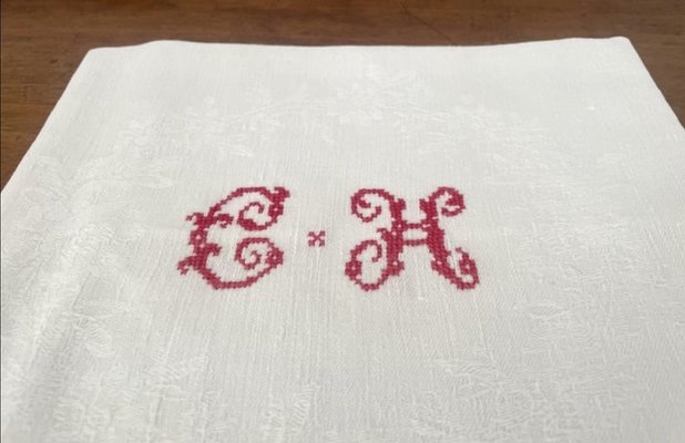 Antique French Monogrammed Embroidered Tablecloth and