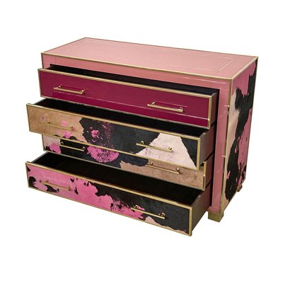 Dresser with Four Drawers in Pink Murano Glass and Cow Leather 1980s