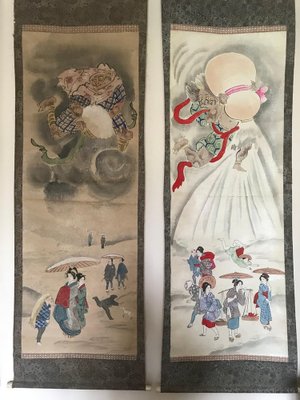 Large Japanese Edo Period Kakemono Scroll Hangings, 19th