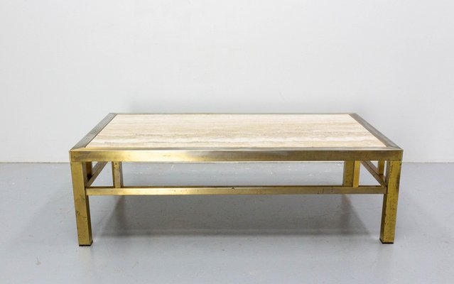 Mid Century French Travertine and Gilt Brass Coffee Table in the