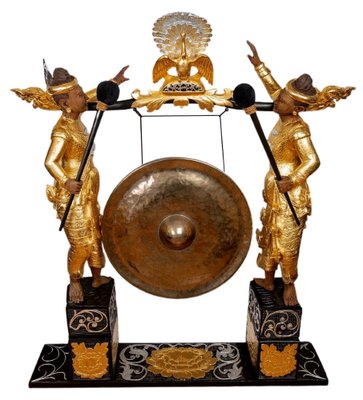 Antique Wooden Table Gong with Carved Hands & Gold and Silver Leaves, Early  20th Century for sale at Pamono