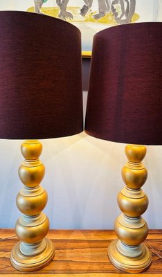 American Gold Leaf Cream Painted Wooden Table Lamps with Shades