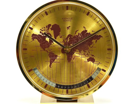Mid-Century GMT World Time Zone Brass Table Clock, Germany