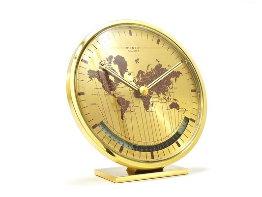 Mid-Century GMT World Time Zone Brass Table Clock, Germany